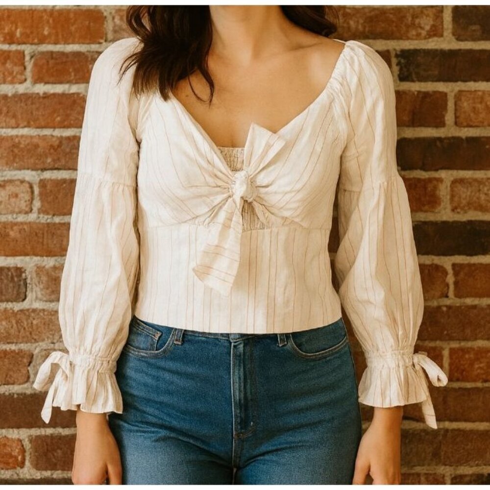 Chicways Ivory Red Stripe Long Sleeve Tie Front Crop Top Size M